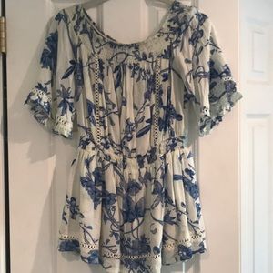 Rumor boutique blue floral off the shoulder romper